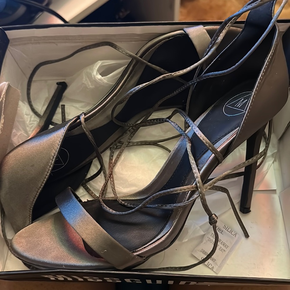 Misguided Satin lace up “Barely There” gray heels